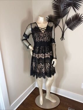 Soieblu Black Lace Long Sleeve Fit & Flare Dress
